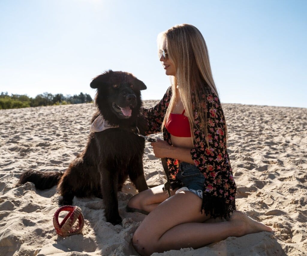 Dog friendly beaches Noosa woman with dog enjoying off-leash play on a sunny beach