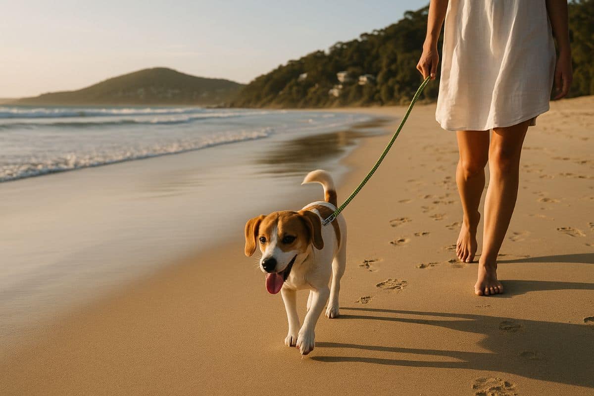 Dog enjoying a dog friendly beach near Noosa on holiday